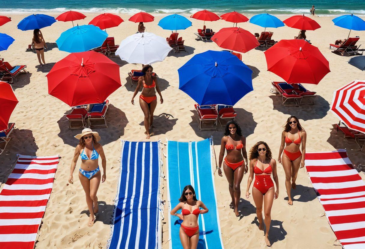 A vibrant summer beach scene showcasing diverse individuals flaunting stylish swimwear in red, white, and blue, surrounded by sun umbrellas and beach towels. Include a clear blue sky, golden sand, and playful waves in the background. Capture the essence of summer fun and cultural heritage through their confident poses and accessories. Bright and cheerful atmosphere accentuated with sun-kissed colors. super-realistic. vibrant colors. 3D.