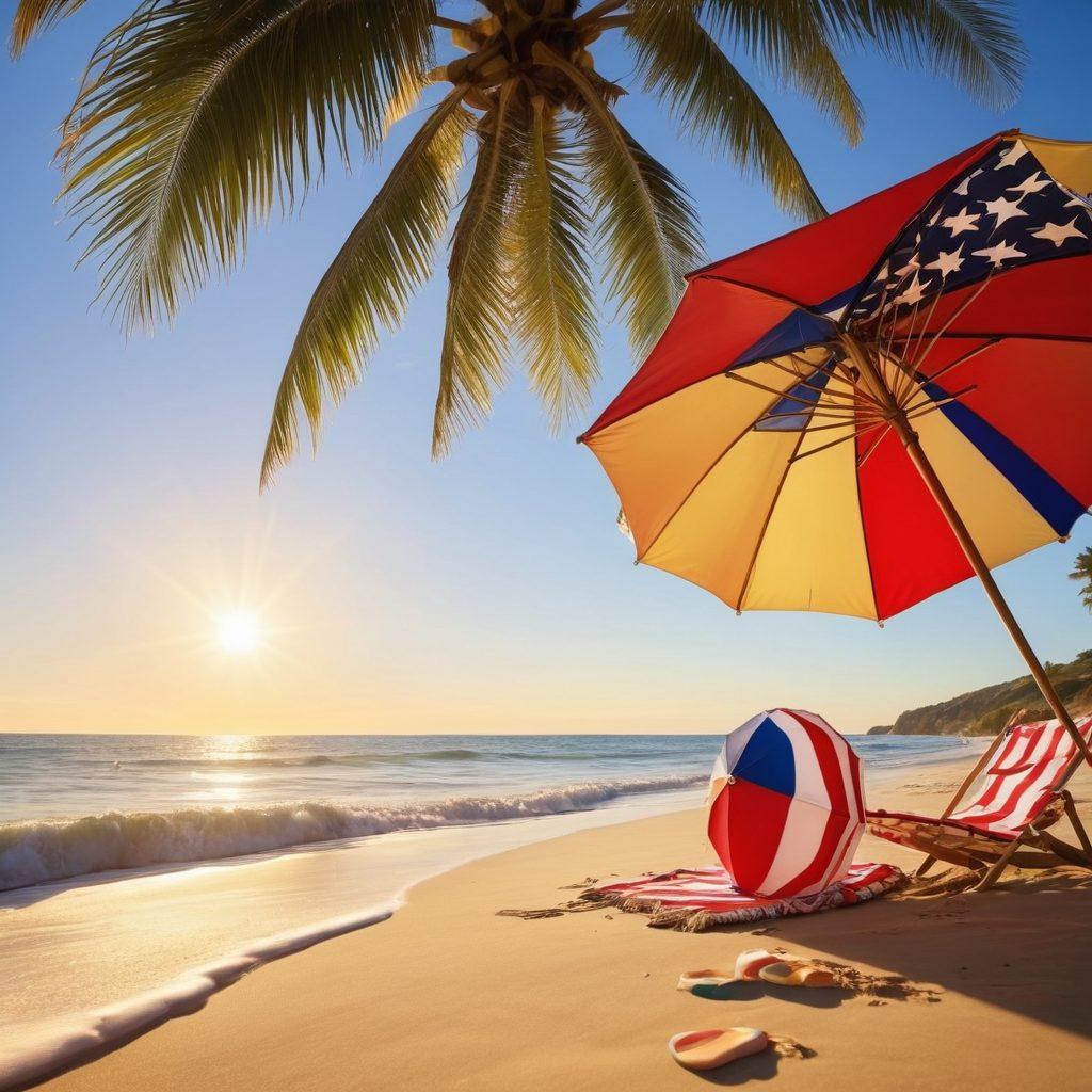 A vibrant beach scene filled with friends laughing and playing, wearing flag-themed swimwear adorned with stars and stripes. The sun is setting, casting a golden glow on the golden sand, while a colorful beach umbrella and a cooler with drinks add to the festive atmosphere. In the background, a gentle ocean waves dance under a clear blue sky. super-realistic. vibrant colors. beach vibes.