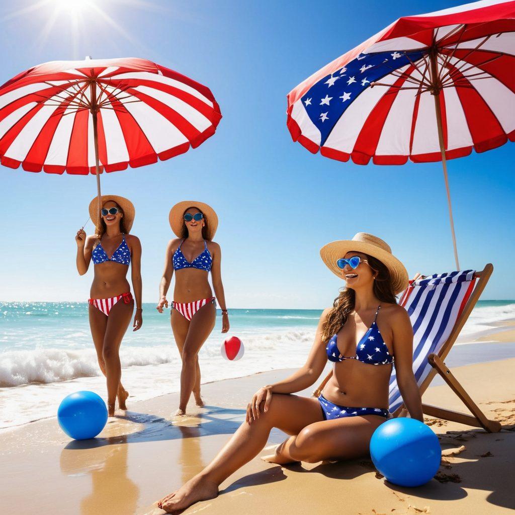 A vibrant beach scene showcasing diverse individuals wearing stylish American flag-themed beachwear, splashing in the waves under a bright blue sky. Include beach accessories like sun hats, sunglasses, and colorful beach balls, with a backdrop of patriotic-themed beach umbrellas. The atmosphere should be joyful and celebratory, highlighting the American spirit at the beach. super-realistic. vibrant colors. sunny background.